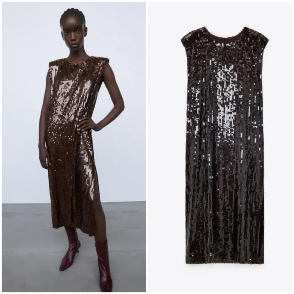 𝅺NWT Zara brown sequin sleeveless straight cut party evening midi dress
